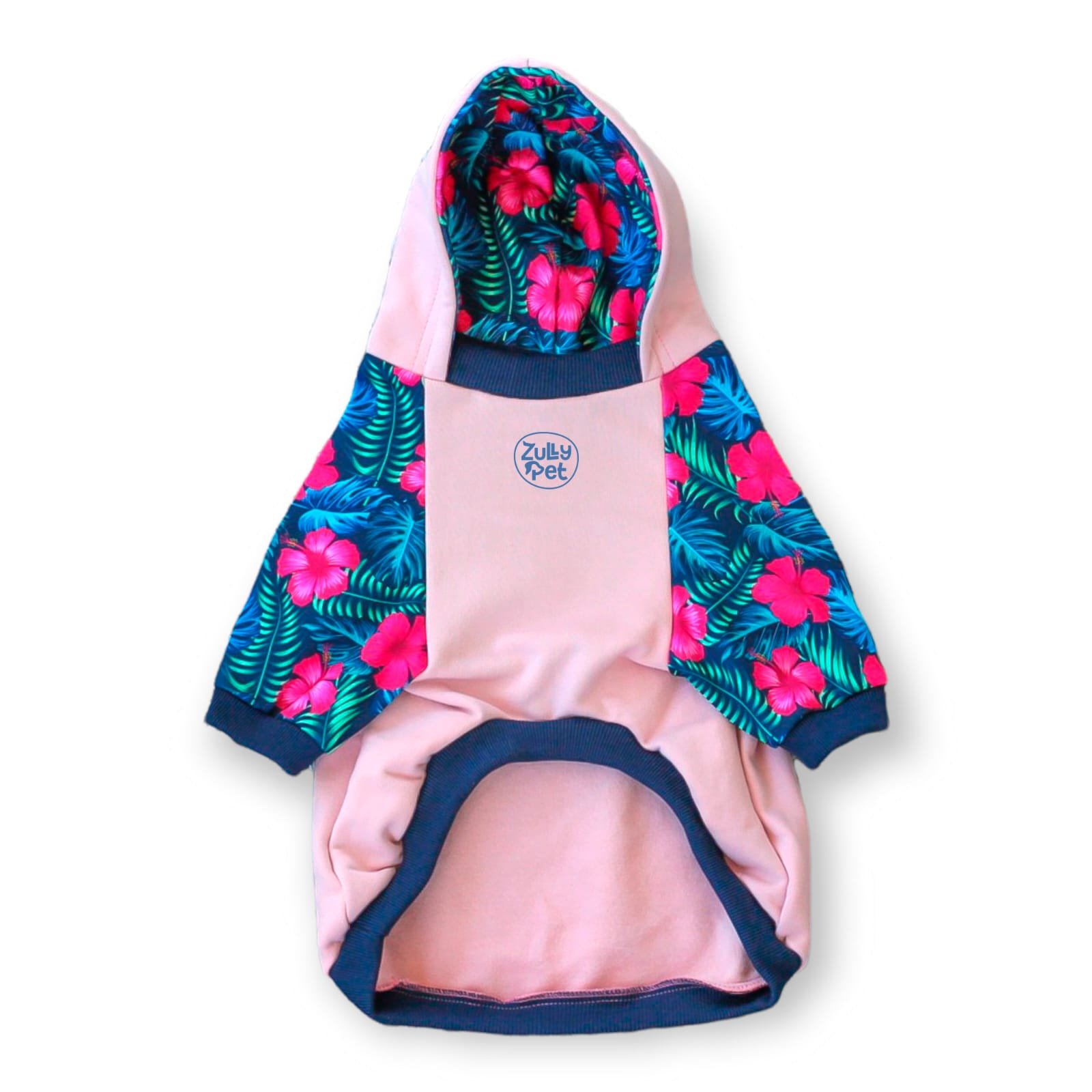 Paradise Flower Hoodie for pets, blending lush floral designs with pink and green hues. Ideal for cats and dogs, made from soft, allergy-friendly cotton flannel. Stylish and comfortable pet clothing.